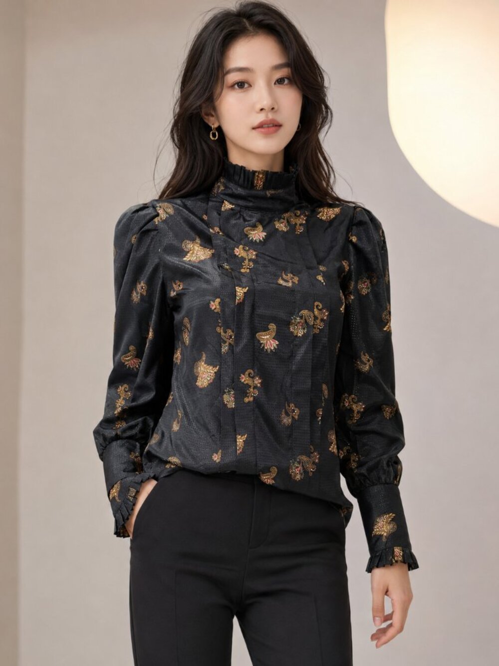 First Glance vintage long sleeve blouse black with gold accents Size 7
